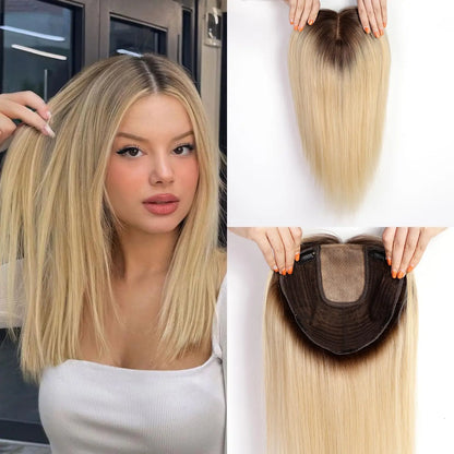 Brown Blonde Highlight Remy Human Hair Toppers – 16 Inch Straight Clip-In Silk Base Hairpiece for Women, Topper Hair Extensions
