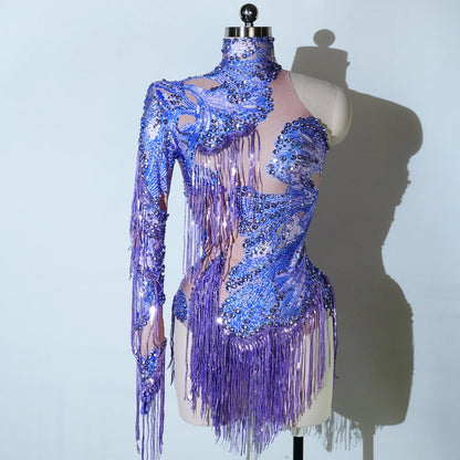 Sparkly Rhinestone Sequin One-Shoulder Bodysuit - Fringe Stage Party & Dance Performance Outfit