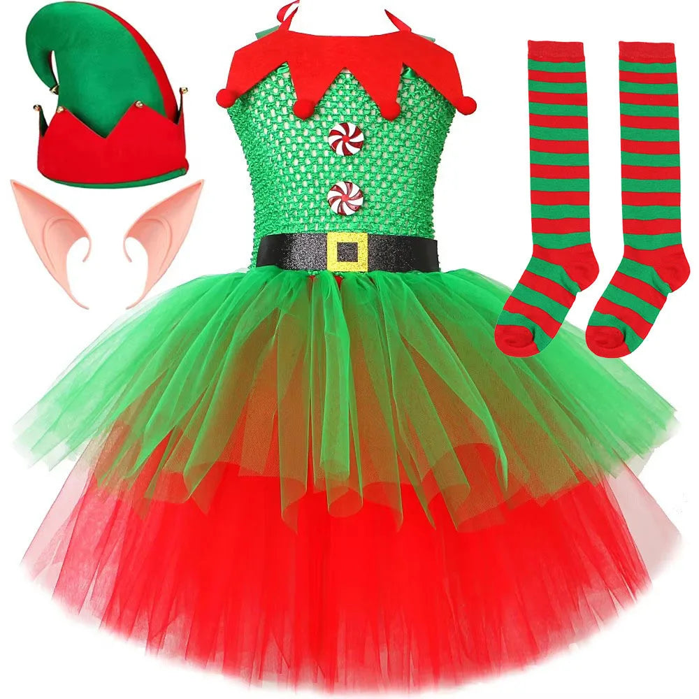 Red & Green Christmas Elf Costumes for Girls – Kids Xmas Fairy Dresses with Hat and Socks, New Year Festival Outfit