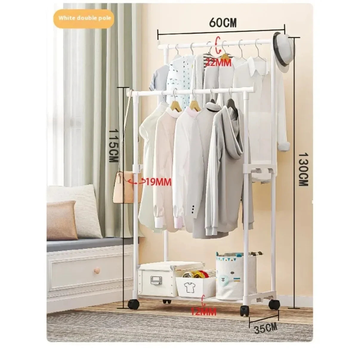 Adjustable Double Rod Telescopic Coat Rack | Floor-Standing Movable Clothes Hanger for Bedroom