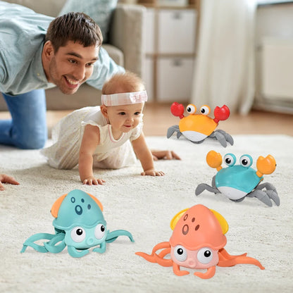 Kids Induction Crab & Octopus Crawling Toy – Electronic Musical Pets, Toddler Moving Toy that Avoids Obstacles, Party Gift