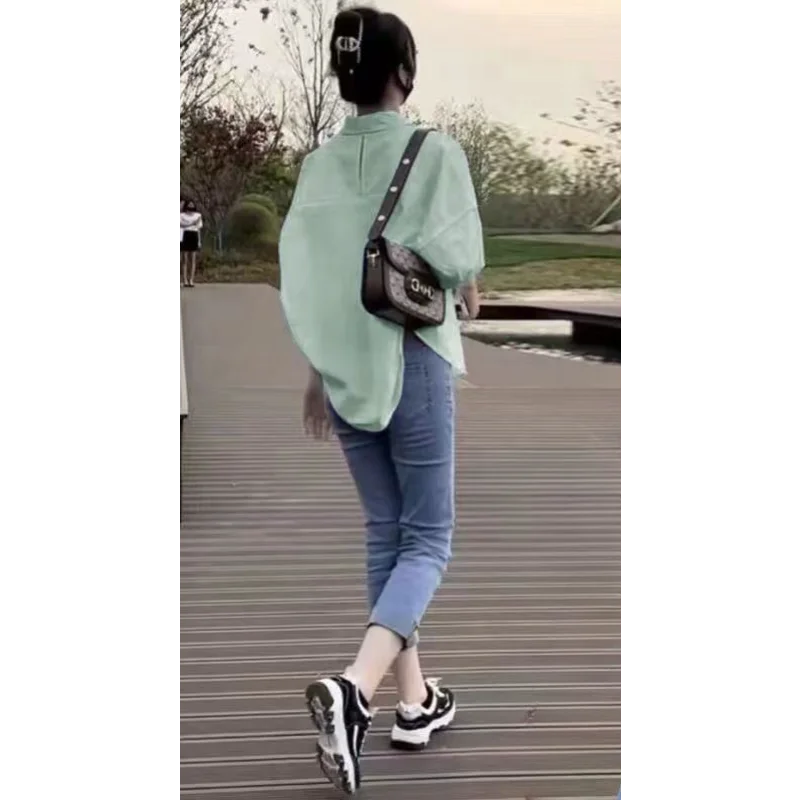2025 Women’s Cotton Mid-Sleeve Loose Blouse – Casual Irregular Summer Shirt Korean Fashion