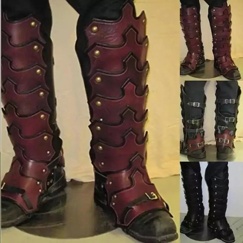 Medieval LARP PU Leather Leg Armor – Gothic Greaves & Gaiters, Viking Knight Cosplay Boot Covers for Men