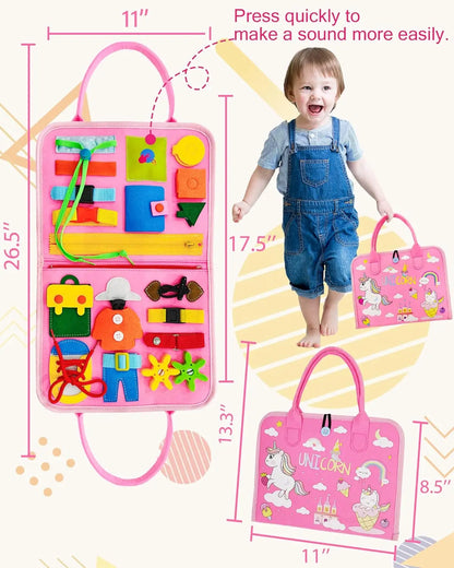 Montessori Toddler Busy Board – Dinosaur Dress-Up Sensory Toy for Learning Life Skills & Travel Backpack