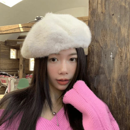 Thickened Plush Winter Beret for Women – Fleece-Lined Painter Style Hat, Elastic Cold Weather Cap, Vintage Retro Fashion Outdoor Wear