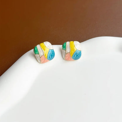 Colorful Square Patchwork Stud Earrings – Romantic Ear Jewelry for Women Christmas Gift