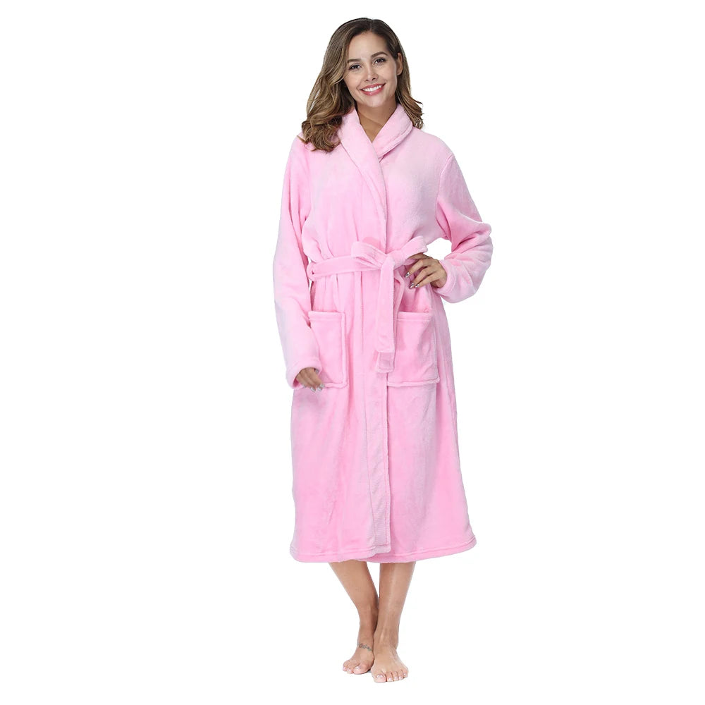 RONGTAI Women's Solid Color Lapel Bathrobe - Warm, Comfortable Long-Sleeved Robe for Autumn and Winter Homewear