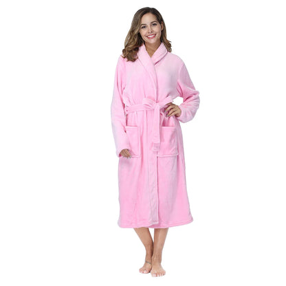 RONGTAI Women's Solid Color Lapel Bathrobe - Warm, Comfortable Long-Sleeved Robe for Autumn and Winter Homewear