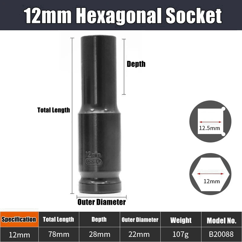 1/2" Drive Deep Impact Socket – Metric Wrench Socket for Pneumatic Tools, Tire Removal & Heavy-Duty Automotive Use