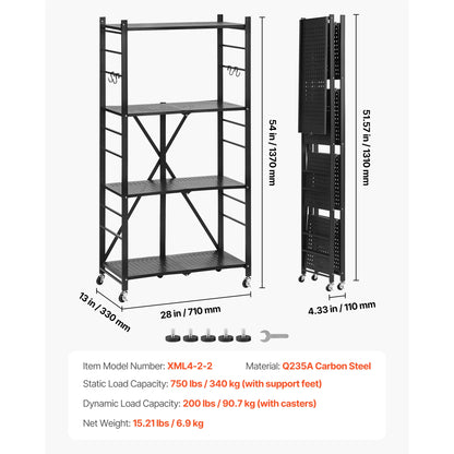 SucceBuy 3-6 Tier Black Foldable Storage Shelf — Wheeled Metal Rack Organizer for Kitchen & Garage