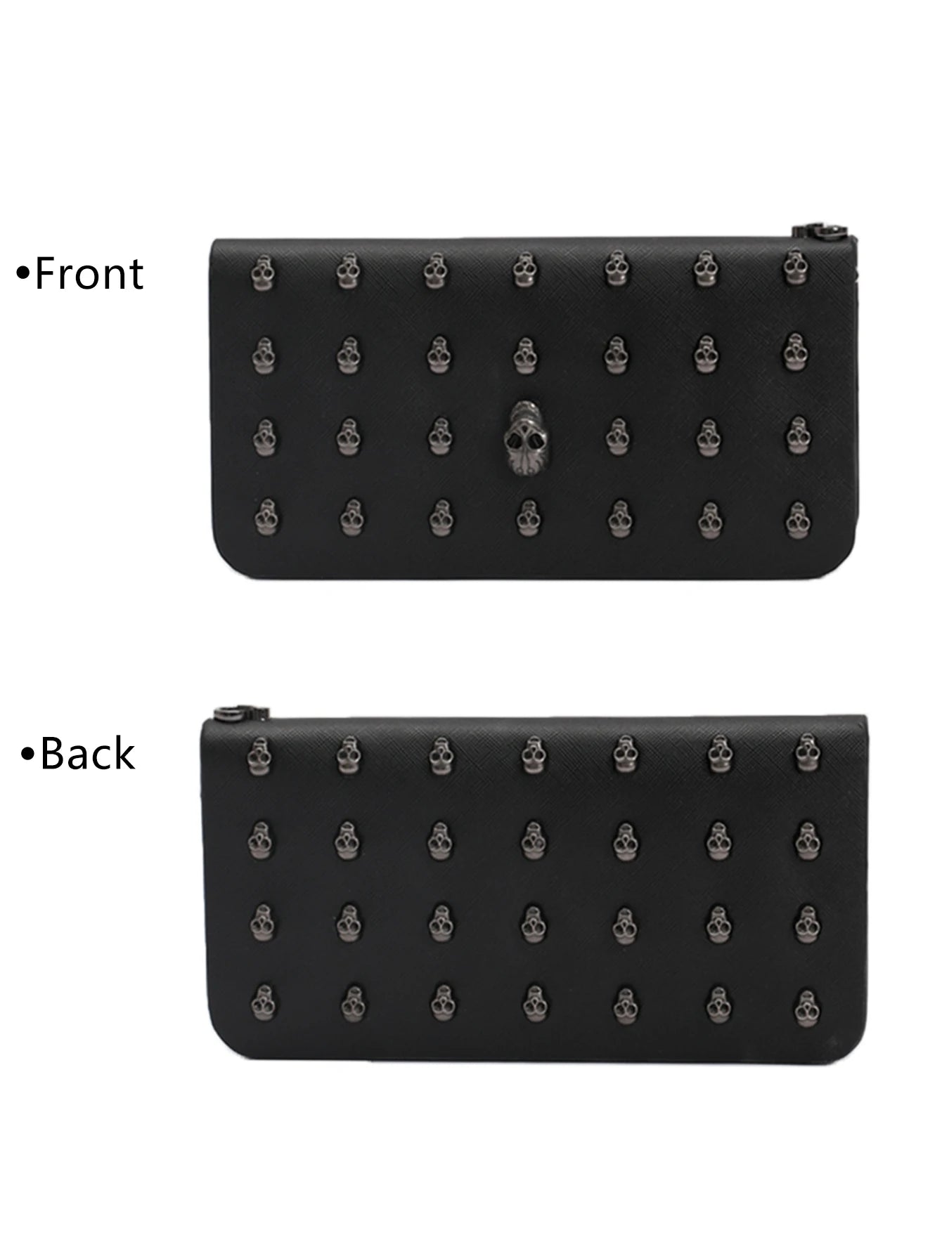 Women's Gothic Skull Head Long Wallet – Black Handheld Mobile Wallet with Wrist Strap & Card Clip