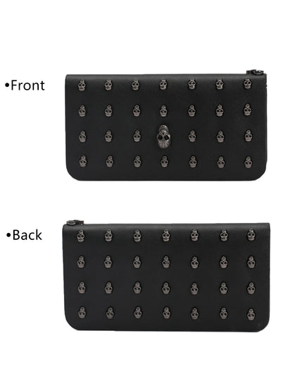 Women's Gothic Skull Head Long Wallet – Black Handheld Mobile Wallet with Wrist Strap & Card Clip