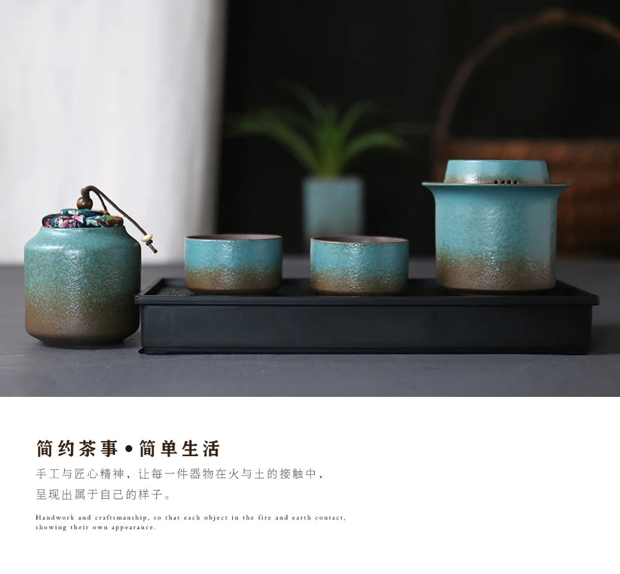 Kiln-Change Vintage Spring Green Pottery Tea Set – 1 Pot & 4 Cups, Simple Small Set for Outdoor or Tea Room