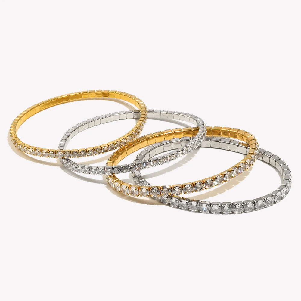 E.B.belle 3mm–4mm Square Zircon Elastic Bracelet – Stainless Steel Gold/Silver Fashion Jewelry for Women Charm Accessory