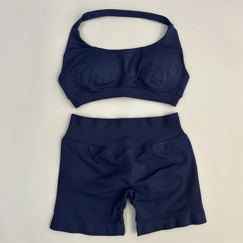 2PCS Seamless Yoga Workout Set – Scrunch Shorts & Halter Sports Bra Gym Fitness Outfit