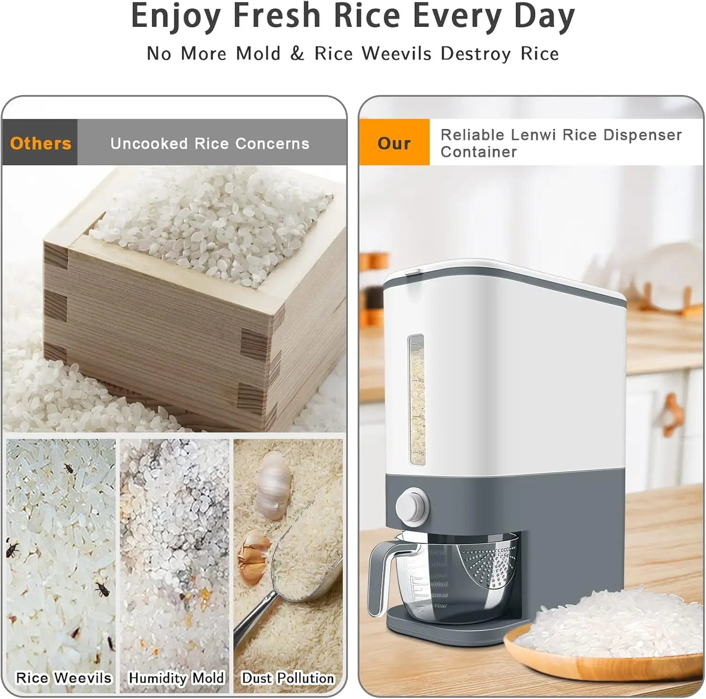 Large 25 lbs Rice & Cereal Dispenser | BPA-Free Dry Food Storage Container with Measuring Cup for Kitchen