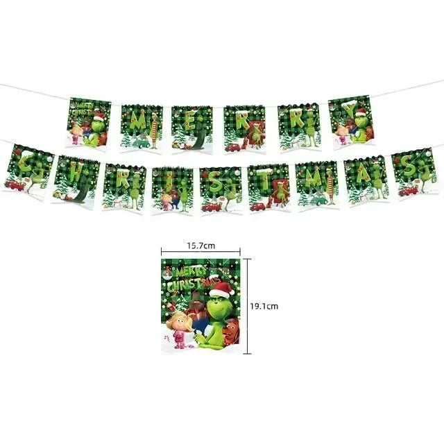 Grincs Christmas Party Balloon Decoration Set – Merry Xmas Banner Cake & Disposable Tableware Supplies Green Red