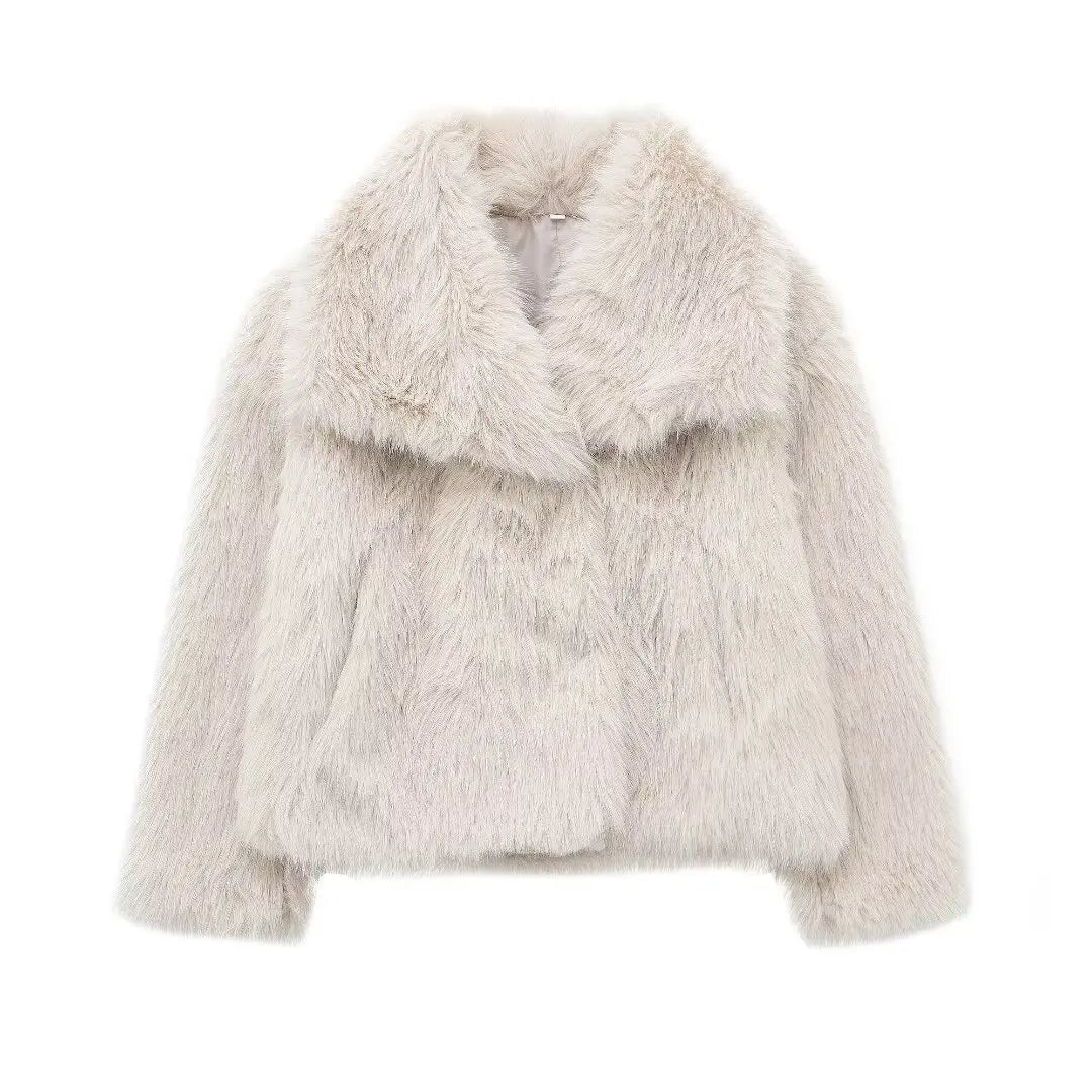 TRAF 2024 Women's Cropped Faux Fur Jacket – Chic Lapel Collar, Long Sleeve, Front Snap-Button Thick Coat