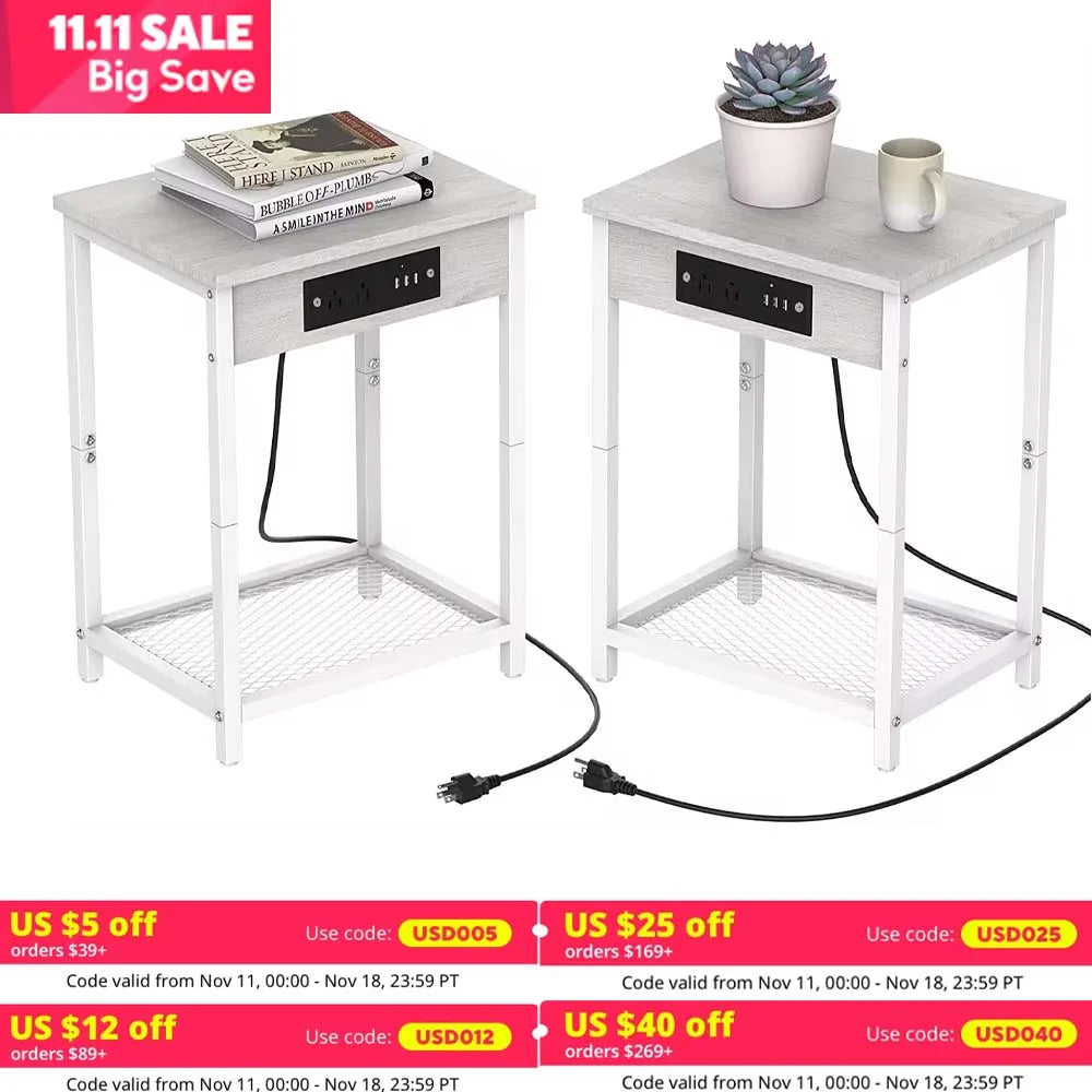 Set of 2 Nightstands with Charging Station - Bedside Tables with USB Ports and Outlets, 2-Tier End Table with Storage Shelf