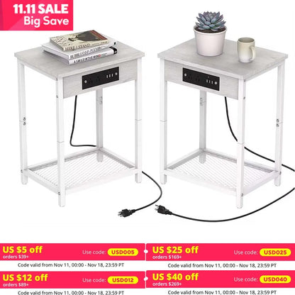Set of 2 Nightstands with Charging Station - Bedside Tables with USB Ports and Outlets, 2-Tier End Table with Storage Shelf