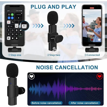 Wireless Lavalier Microphone - Noise Reduction Clip-On Mic for iPhone iPad Recording Live Stream YouTube & Facebook