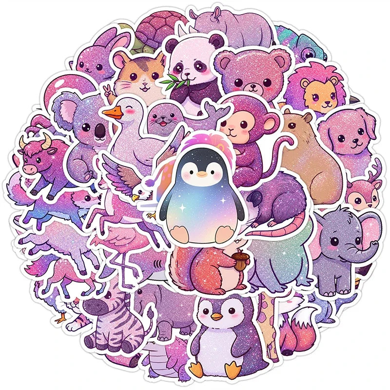 50-Piece Kawaii Animal Sticker Set - Glittery Cartoon, Rainbow, and Starry Sky Waterproof Vinyl Decals for Laptops and Water Bottles