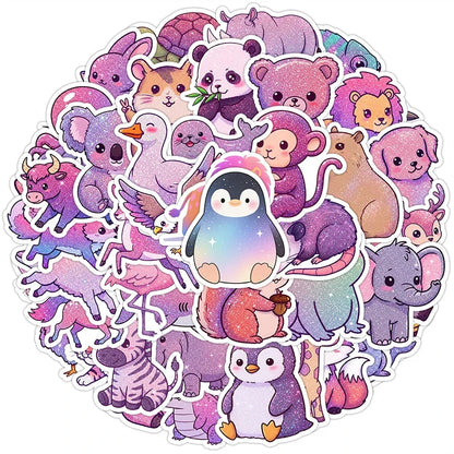 50-Piece Kawaii Animal Sticker Set - Glittery Cartoon, Rainbow, and Starry Sky Waterproof Vinyl Decals for Laptops and Water Bottles