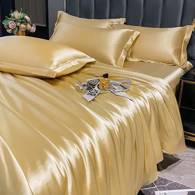 Nordic Silk Bedding Set With Duvet Cover - Luxury Solid Color Bed Sheet & Pillowcase Set For Single Double Couple Summer Bed Linen