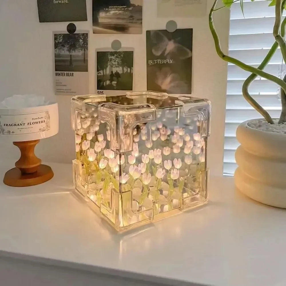 Creative DIY Tulip Flower Sea Cube Night Lamp Kit – 3D Material Package, Perfect Gift for Girlfriend or Couple