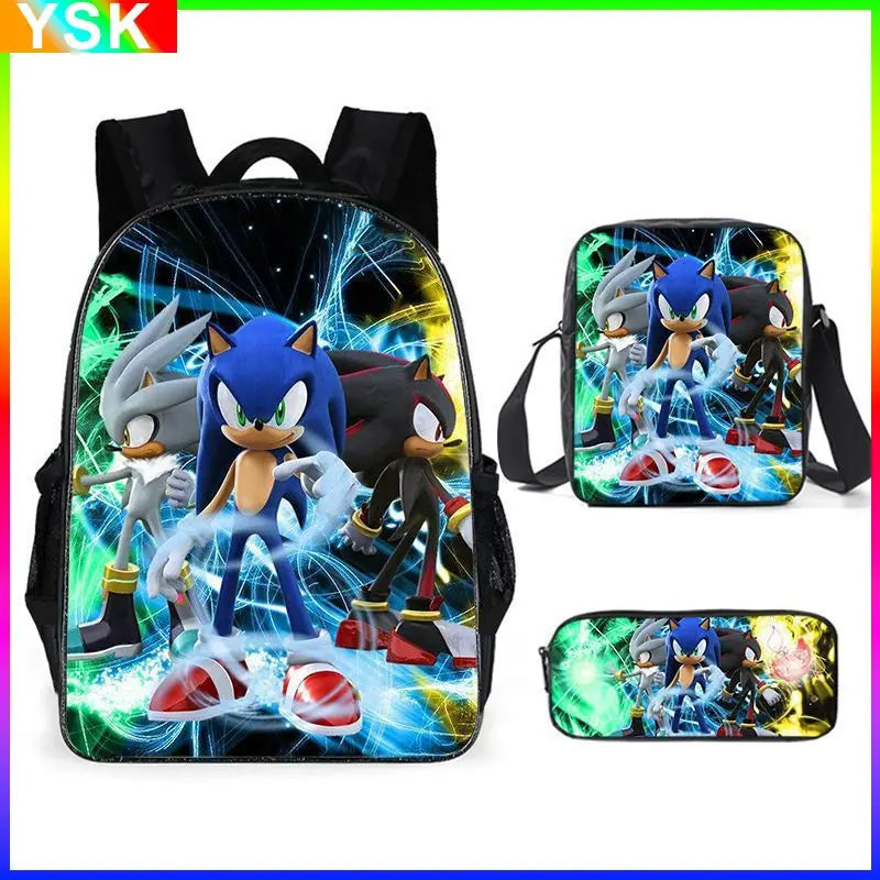 3PC Sonic Backpack School Bag Set – Anime Cartoon Zipper Backpack for Boys & Girls, Primary and Middle School Students