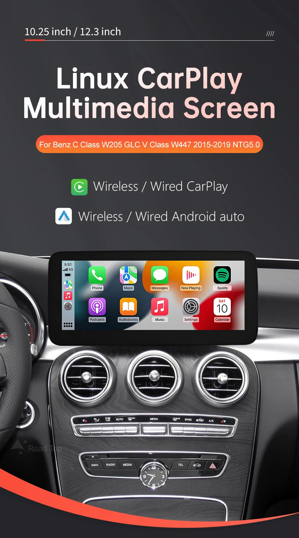 1920x720 Multimedia Touch Screen - Wireless CarPlay & Android Auto for Mercedes-Benz C Class W205, GLC, V Class W447 (2015-2018) NTG5.0