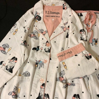 Women's Winter Cartoon Pajama Set - Warm Cotton Wool Sleepwear Long Sleeve Homewear