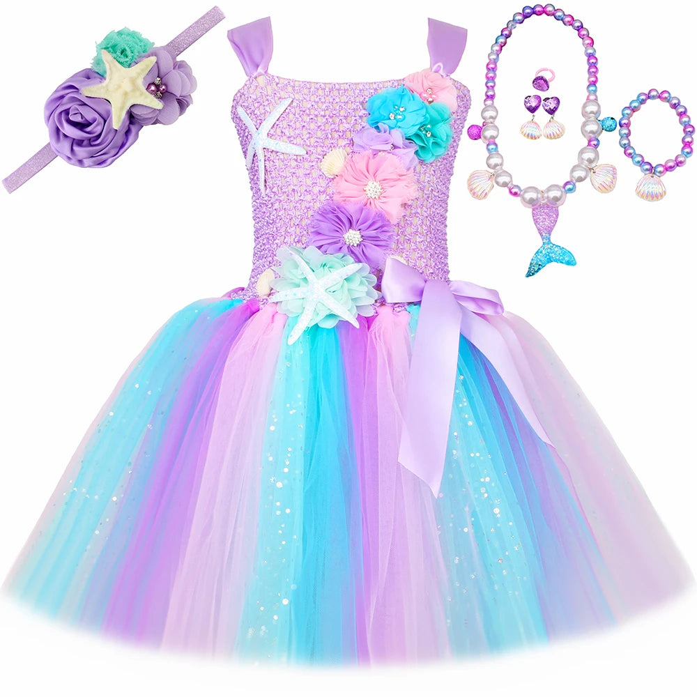 Princess Mermaid Dress for Girls - Pastel Floral Tutu Party & Halloween Costume Dress
