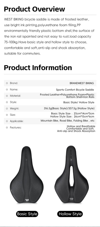 WEST BIKING Bicycle Saddle — Comfortable Hollow PU Leather Bike Seat | Wear-Resistant Road Cycling Cushion