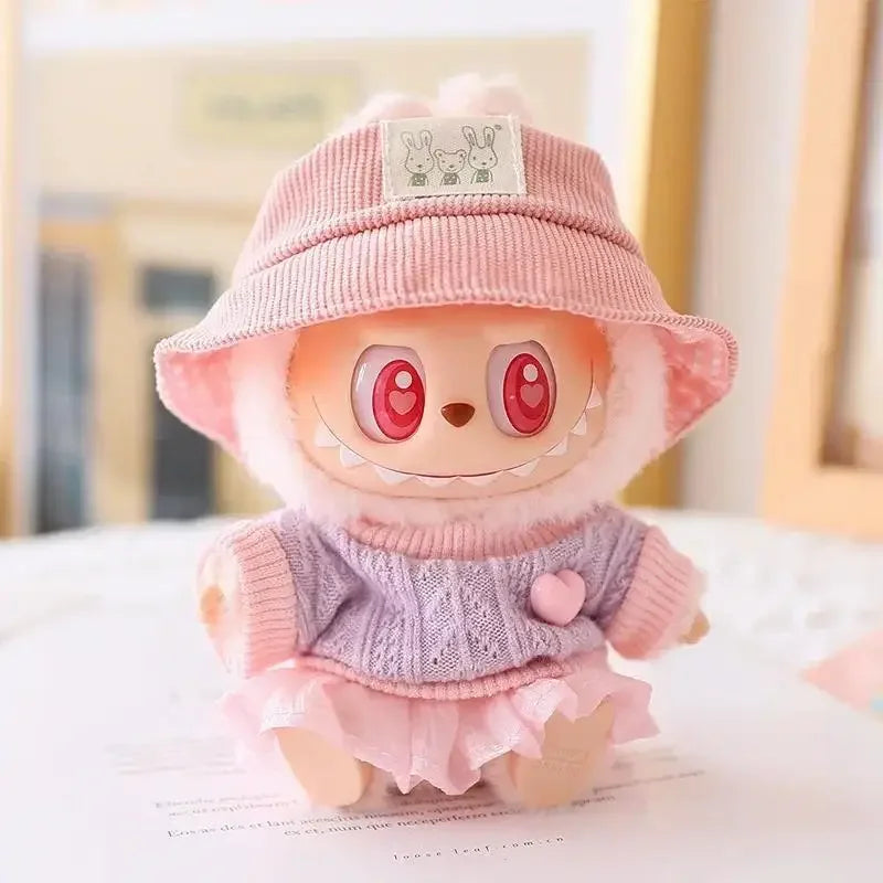 Mini Doll Clothes & Accessories — 15–17cm Labubu & 10cm Cotton Doll Outfit, Pink Hoodie & Yarn Skirt (No Doll)