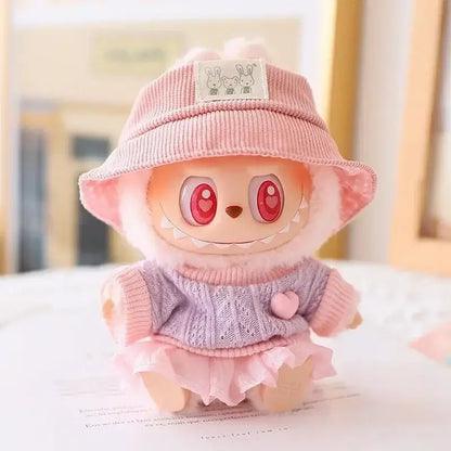 Mini Doll Clothes & Accessories — 15–17cm Labubu & 10cm Cotton Doll Outfit, Pink Hoodie & Yarn Skirt (No Doll)