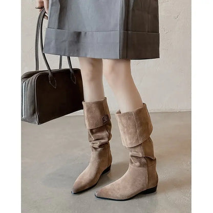 MORAZORA Women’s Cow Suede Knee-High Boots – Pointed Toe, Low Square Heel, Autumn Winter Long Boots, Size 34-41
