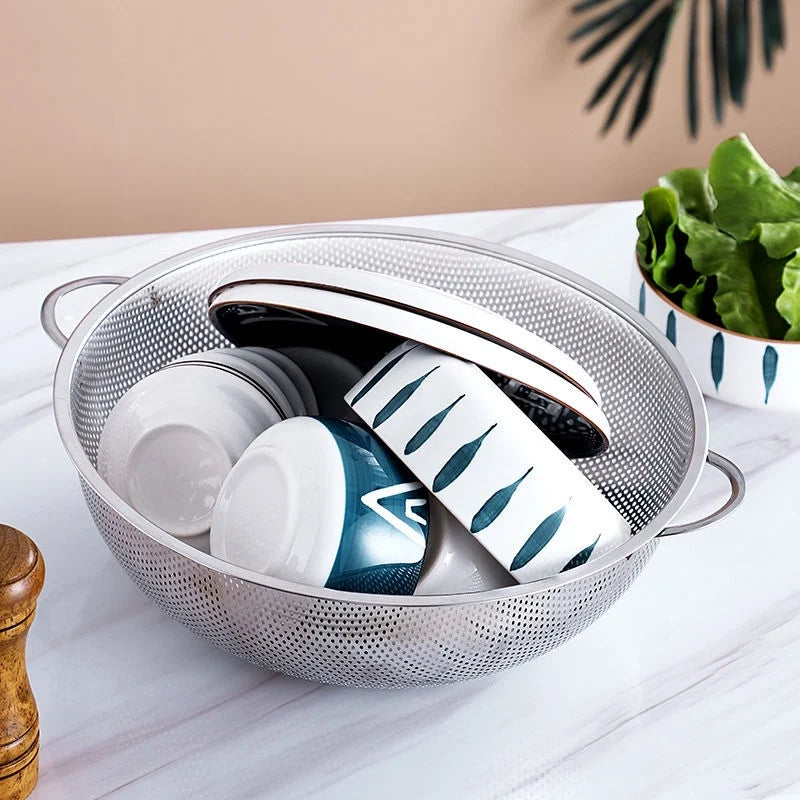 Stainless Steel Drain Basket Colander – Fruit, Vegetable & Rice Strainer with Handle for Kitchen