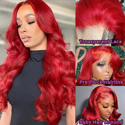 30 Inch Hot Red Body Wave Wig – 13x4 Lace Front, Pre-Plucked Brazilian Human Hair, HD Transparent 13x6 Lace Frontal Wig