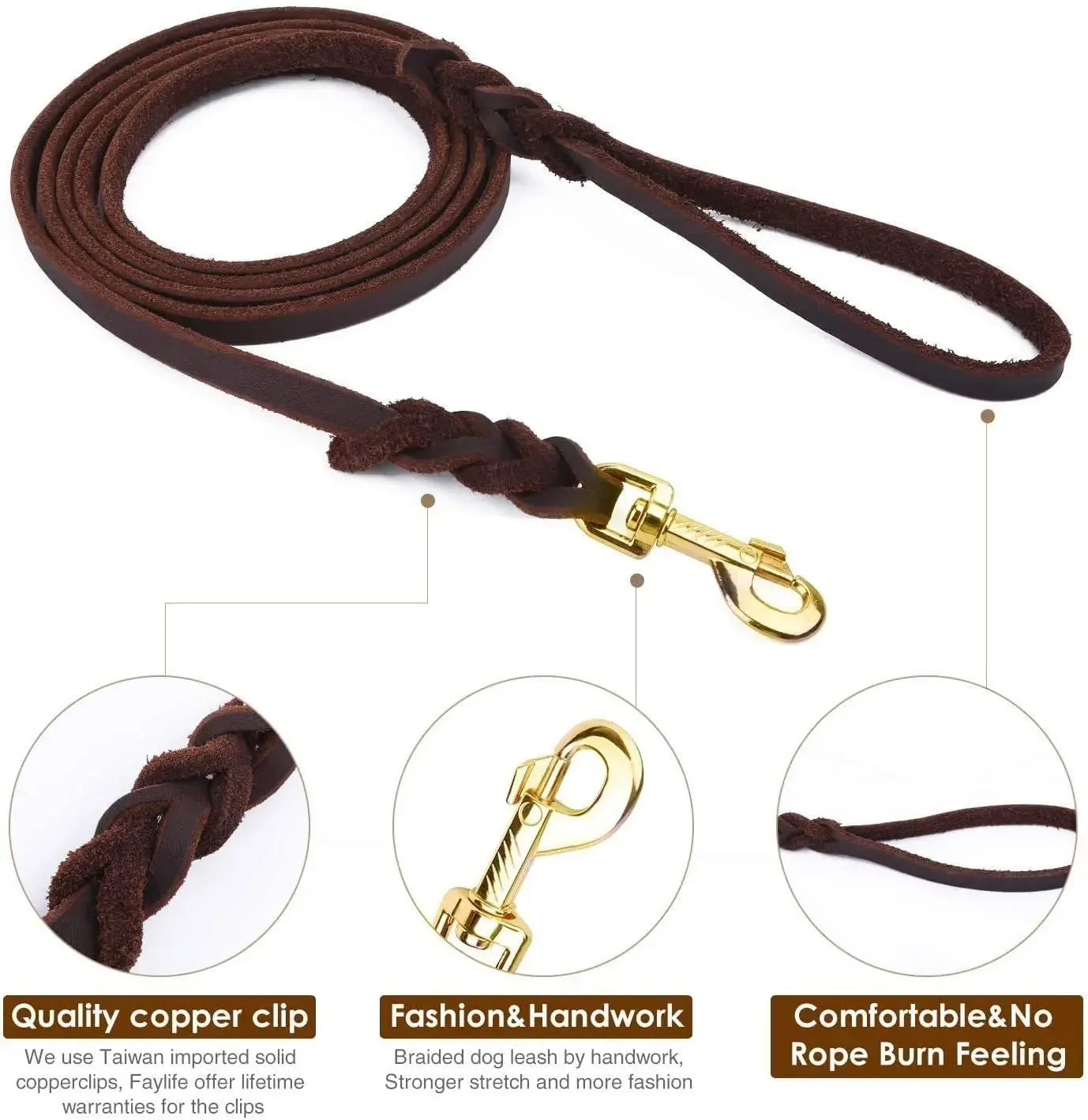 Genuine Leather Dog Leash – Braided Walking & Training Lead for Medium & Large Dogs, Brown & Black