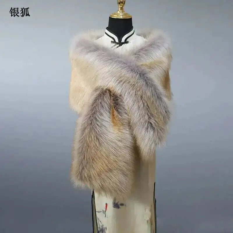 32-Color Luxury Faux Fox Fur Shawl – Women’s Plush Winter Scarf, Wrap & Cape for Wedding & Coat