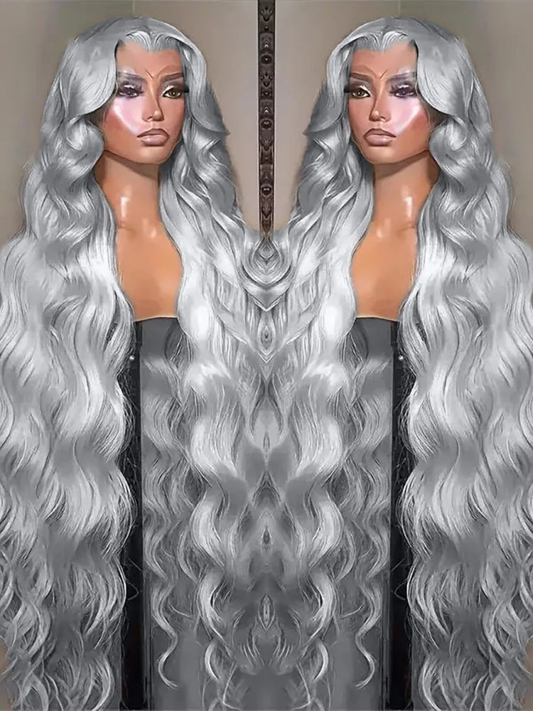 13x6 Silver Grey Body Wave Lace Front Wig – 100% Human Hair, Preplucked 13x4 Lace Frontal Brazilian Wig, 36 Inch