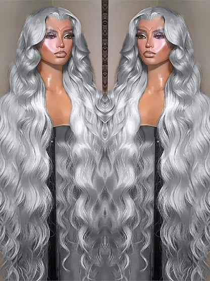 13x6 Silver Grey Body Wave Lace Front Wig – 100% Human Hair, Preplucked 13x4 Lace Frontal Brazilian Wig, 36 Inch