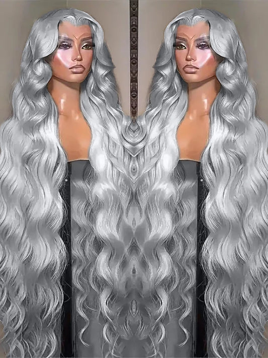 13x6 Silver Grey Body Wave Lace Front Wig – 100% Human Hair, Preplucked 13x4 Lace Frontal Brazilian Wig, 36 Inch