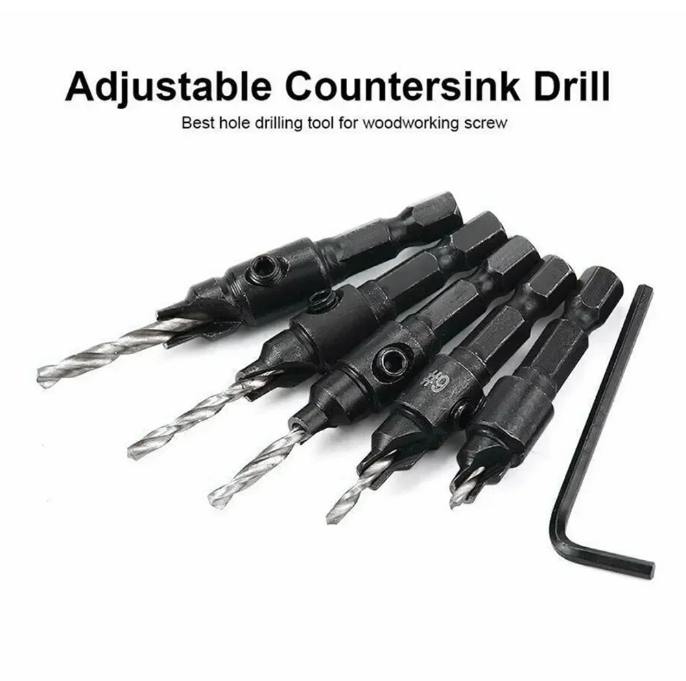5PCS Woodworking Countersink Drill Bit Set – One-Piece Hex Handle Twist Drill with Chamfering Tool
