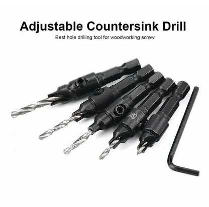 5PCS Woodworking Countersink Drill Bit Set – One-Piece Hex Handle Twist Drill with Chamfering Tool