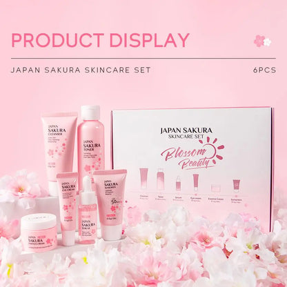 6pcs Sakura Skin Care Set – Face Cream, Serum, Toner, Cleanser, Sunscreen & Eye Cream, Complete Facial Care Gift Box
