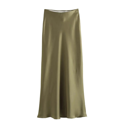 TRAFZA 2024 Y2K Women’s Long Skirt – Elastic High-Waist A-Line Satin Skirt for Spring Casual & High Street Fashion