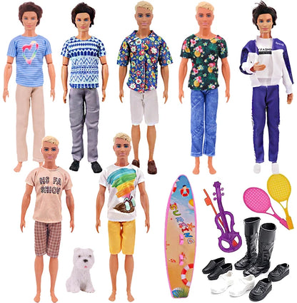 Ken Doll Accessories Set – Clothes, Shoes, Surfboard, Guitar, Violin & More for Kids Birthday Gift