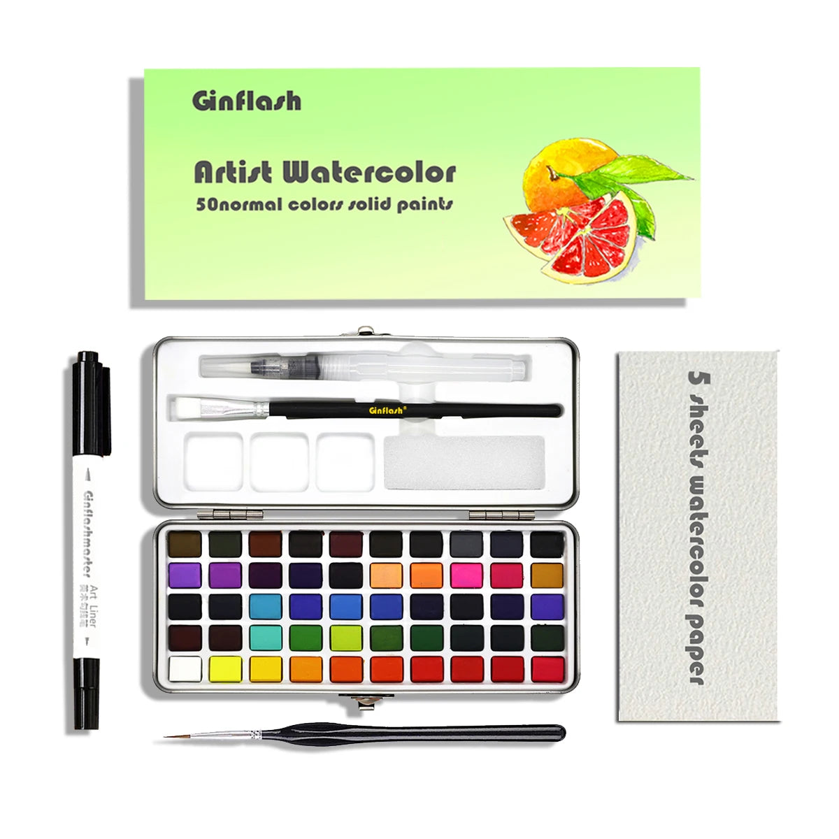 50/90 Color Solid Watercolor Paint Set – Glitter Pigments with Portable Metal Box & Squirrel Hair Brush for Nail Art
